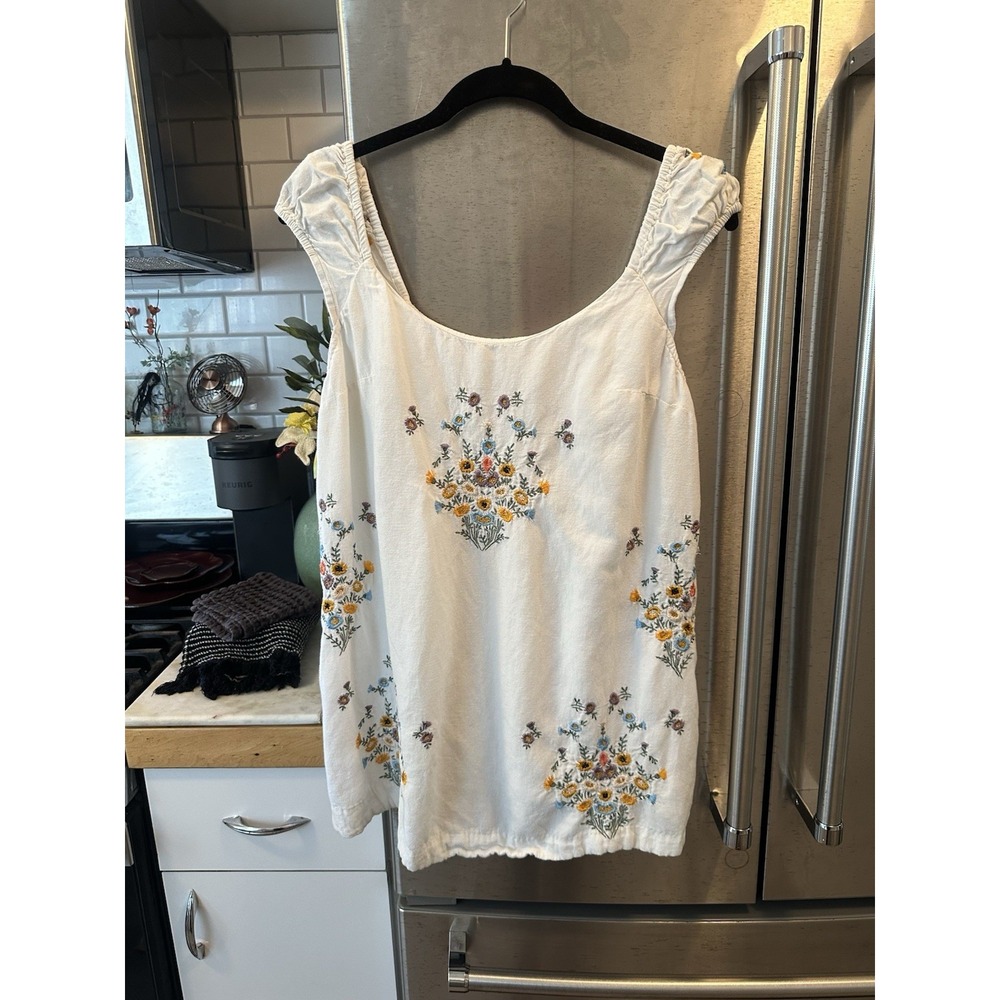 Free People Floral Embroidered Tunic Dress White Cotton Boho Cottage-core SzM